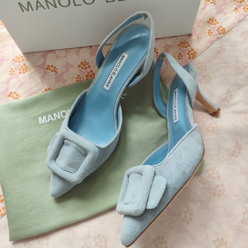 Manolo Blahnik Powder Blue Suede Pointed Slingback Pumps with Buckle